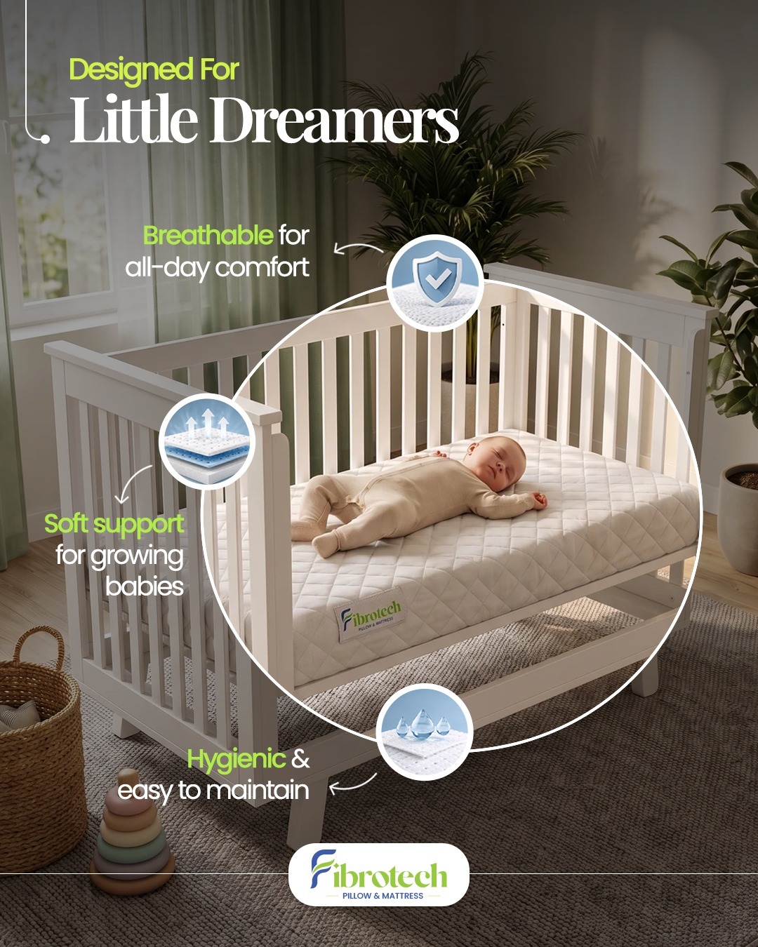 Baby sleeping peacefully on a breathable Fibrotech crib mattress — designed for little dreamers